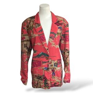 Vintage 90’s Circle T Western Print Women's Blazer - Red and Brown size Medium